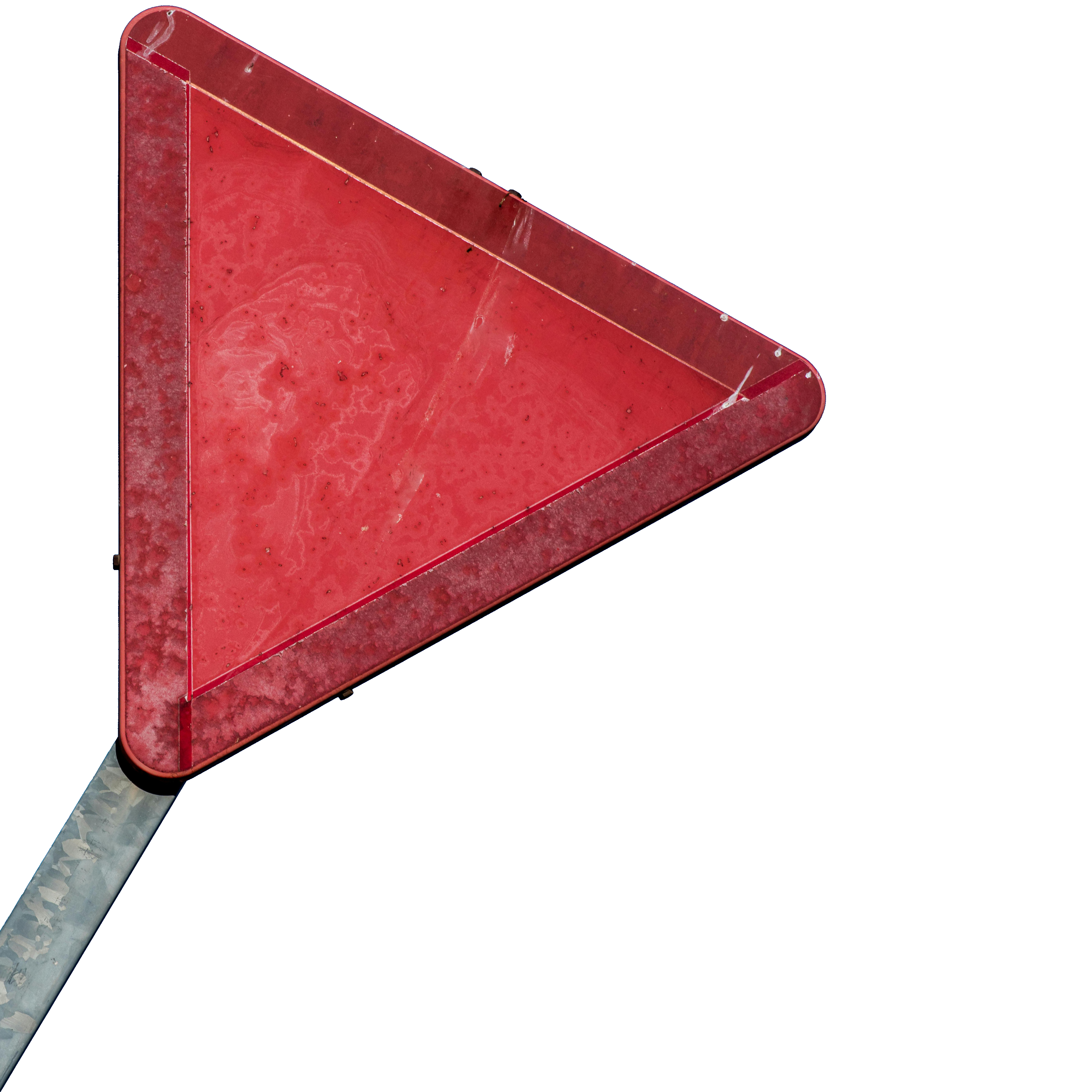A red yield sign that falls to an angle of 30 degrees.